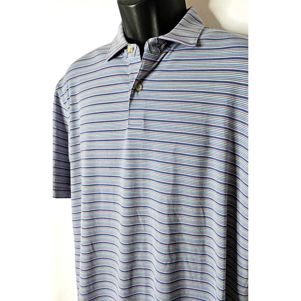 New Peter Millar Seaside Polo Shirt Mens Medium Blue Pink Striped Short Sleeve‎